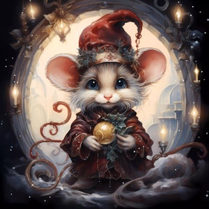 May include: A small, white mouse wearing a red Santa hat and a brown robe holds a gold bauble. The mouse is standing in front of a white, snowy background with a decorative, ornate frame behind it.