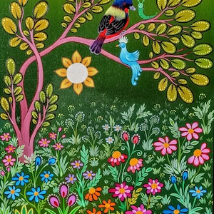 May include: A painting of a green tree with pink branches and yellow leaves. Two birds, one blue and one red, are perched on the branches. A green caterpillar is also on the branch. The tree is surrounded by a field of colorful flowers.