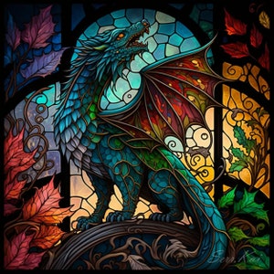 May include: A stained glass window design featuring a blue and green dragon with a red, orange, and yellow wing. The dragon is perched on a branch with leaves and vines surrounding it. The background is a stained glass window with a blue and green color scheme.