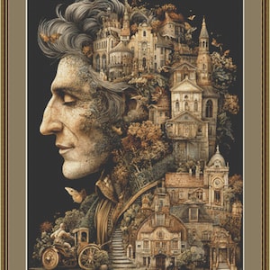 Puede incluir: Una obra de arte enmarcada que presenta el perfil de una persona con un paisaje urbano formando su cabello. La obra utiliza tonos marrones y beige, con detalles de edificios, árboles y mariposas. El marco es de color marrón cálido.