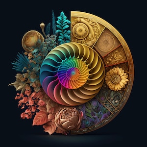 May include: A colorful, abstract illustration of a nautilus shell with a rainbow spiral pattern. The shell is surrounded by various floral elements, including a large rose and a sunflower.