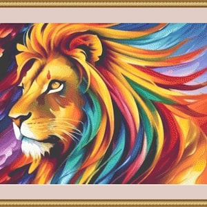 May include: A vibrant, colorful painting of a lion's head and mane. The artwork features a spectrum of colors, including yellow, orange, red, blue, and purple. The lion's face is detailed with a white muzzle and golden eyes, set in a gold-colored frame.
