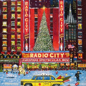 May include: A painting of Radio City Music Hall in New York City during the Christmas season. The building is decorated with red and white lights, and there is a large Christmas tree in front of it. A yellow taxi cab is parked in front of the building, and there are people walking around. The text "Radio City Music Hall Christmas Spectacular Now" is visible on the building.