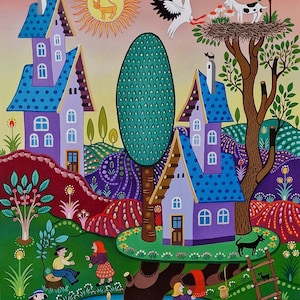 May include: A whimsical illustration of a village with purple houses with blue roofs, a large green tree, a pond with lily pads, and people in the scene. The sun is shining and there is a cat on the sun.