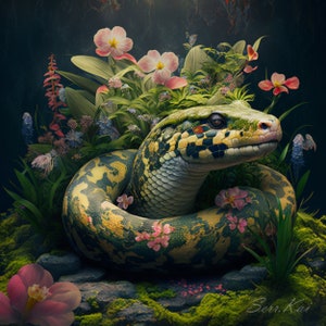 Puede incluir: Una serpiente verde y amarilla con piel estampada se acurruca en un lecho de flores rosas y hojas verdes. La cabeza de la serpiente está levantada y sus ojos están abiertos. El fondo es verde oscuro.