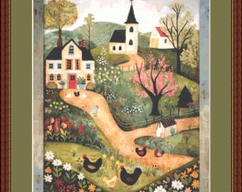 Folk Art Chickens (Small) counted cross stitch pattern by Ivy Cottage Home (Digital Format)