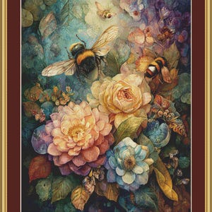 Puede incluir: Pintura en acuarela enmarcada de un arreglo floral con abejas. La obra presenta una variedad de flores en tonos melocotón, amarillo y azul, con follaje verde. Dos abejas están en vuelo, agregando un elemento dinámico a la composición.