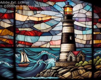 Stained Glass Lighthouse (Adobe Ext. License) cross stitch pattern by IllusioninChaos (Digital Format)