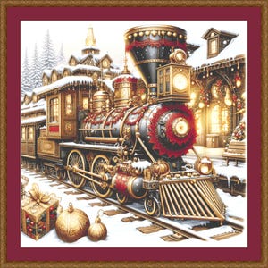 Könnte beinhalten: Detaillierte Illustration eines Vintage-Weihnachtszugs, verziert mit roten und goldenen Akzenten, vor einer verschneiten Winterkulisse. Der Zug weist aufwendige Details auf, mit Fokus auf die Lokomotive und die Waggons. Ornamente und eine Geschenkbox sind im Vordergrund.