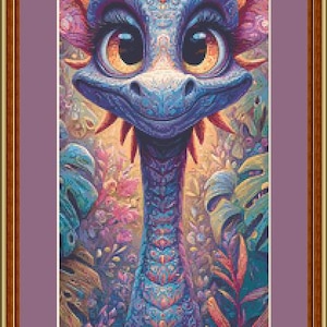 May include: A whimsical illustration of a friendly dragon with large, expressive eyes and a patterned body. The dragon is surrounded by lush, colorful foliage, creating a vibrant and fantastical scene. The artwork is framed in a decorative border.