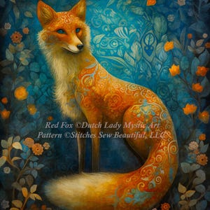 May include: A detailed illustration of a red fox with orange and teal patterns, set against a blue backdrop with floral details. The text "Red Fox" and "Dutch Lady Mystic Art" is visible.