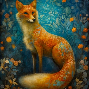 May include: A stylized orange fox with intricate blue and gold patterns on its fur, standing in a dark blue background with a floral design.