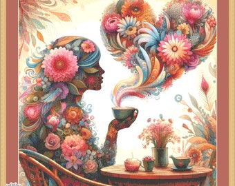 Botanical Reverie Surreal Portrait Tea Ceremony (Max Color) cross stitch pattern by World of Love Hearts/Adrian G. Eyre (Digital Format)