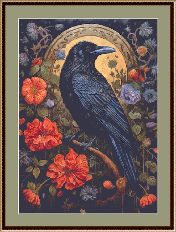 Gothic Botanical Raven Counted Cross Stitch Pattern by Dutch Lady
