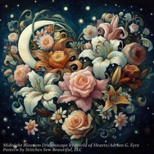 May include: A digital painting of a bouquet of flowers in a heart shape with a crescent moon. The flowers are white, pink, orange, and yellow. The background is a dark blue with white stars.