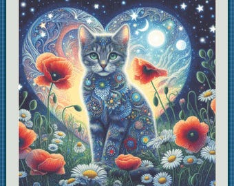 Elegant Floral Feline counted cross stitch pattern by World of Love Hearts/Adrian G. Eyre (Digital Format)