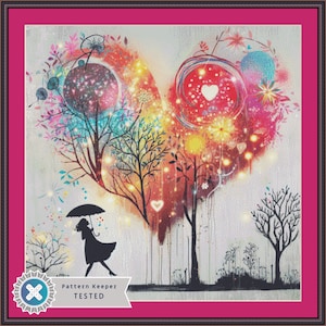 May include: A colorful abstract painting of two trees with a heart shape formed by their branches. The trees are surrounded by a vibrant mix of pink, blue, yellow, and red colors. A woman with an umbrella walks in the foreground. The painting has the text "Pattern Keeper TESTED" at the bottom.