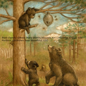 Puede incluir: Una ilustración de acuarela de una familia de osos pardos en un entorno de bosque. La osa madre está de pie sobre sus patas traseras, mirando hacia arriba a una colmena en un árbol. Dos cachorros de oso están trepando al árbol y mirando hacia arriba a la colmena. La colmena está colgada de una rama del árbol. Hay abejas volando alrededor de la colmena. El bosque está representado en tonos marrones y verdes.