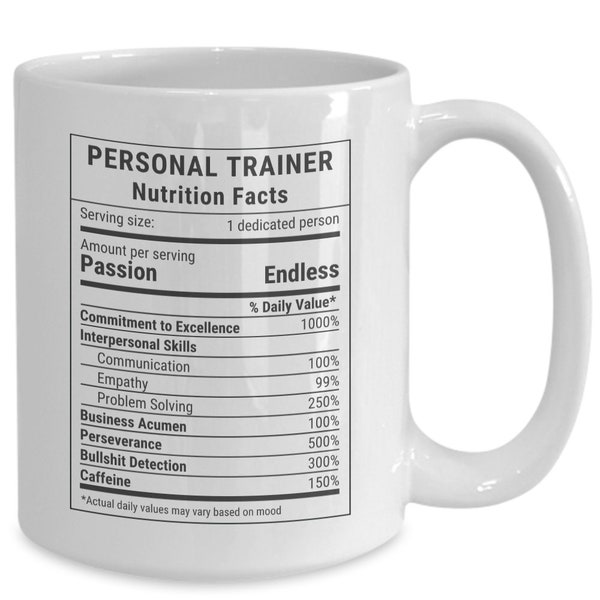 Personal trainer gifts, personal trainer present, fitness trainer nutrition facts coffee mugs, fitness coach cup