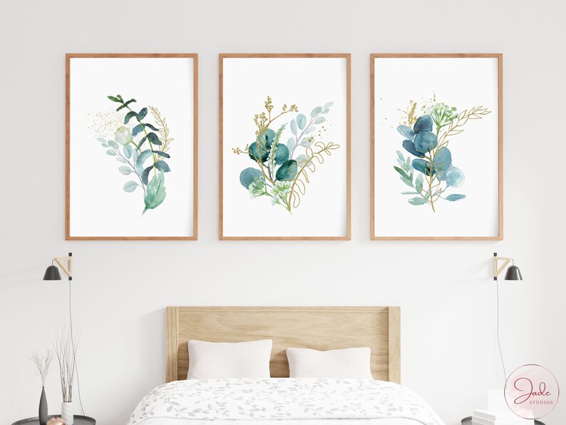 Set of 3 Watercolor Blue and Gold Botanical Prints, Leaf Prints Wall ...