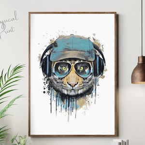 Abstract DJ Tiger Print, Watercolour Animal Print, Teenage Wall Art, Music Prints, Teen Boy Decor, Kids Prints, Tiger Wearing Headphones