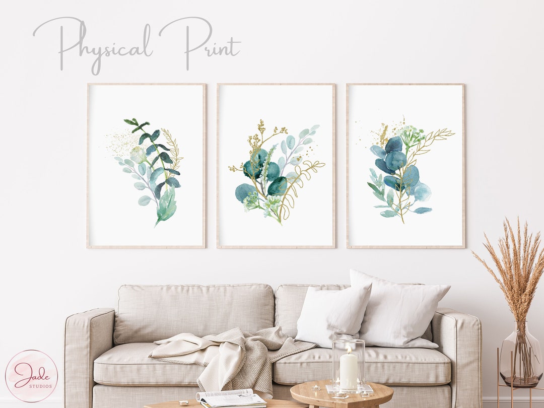 Set of 3 Watercolor Blue and Gold Botanical Prints, Leaf Prints Wall ...