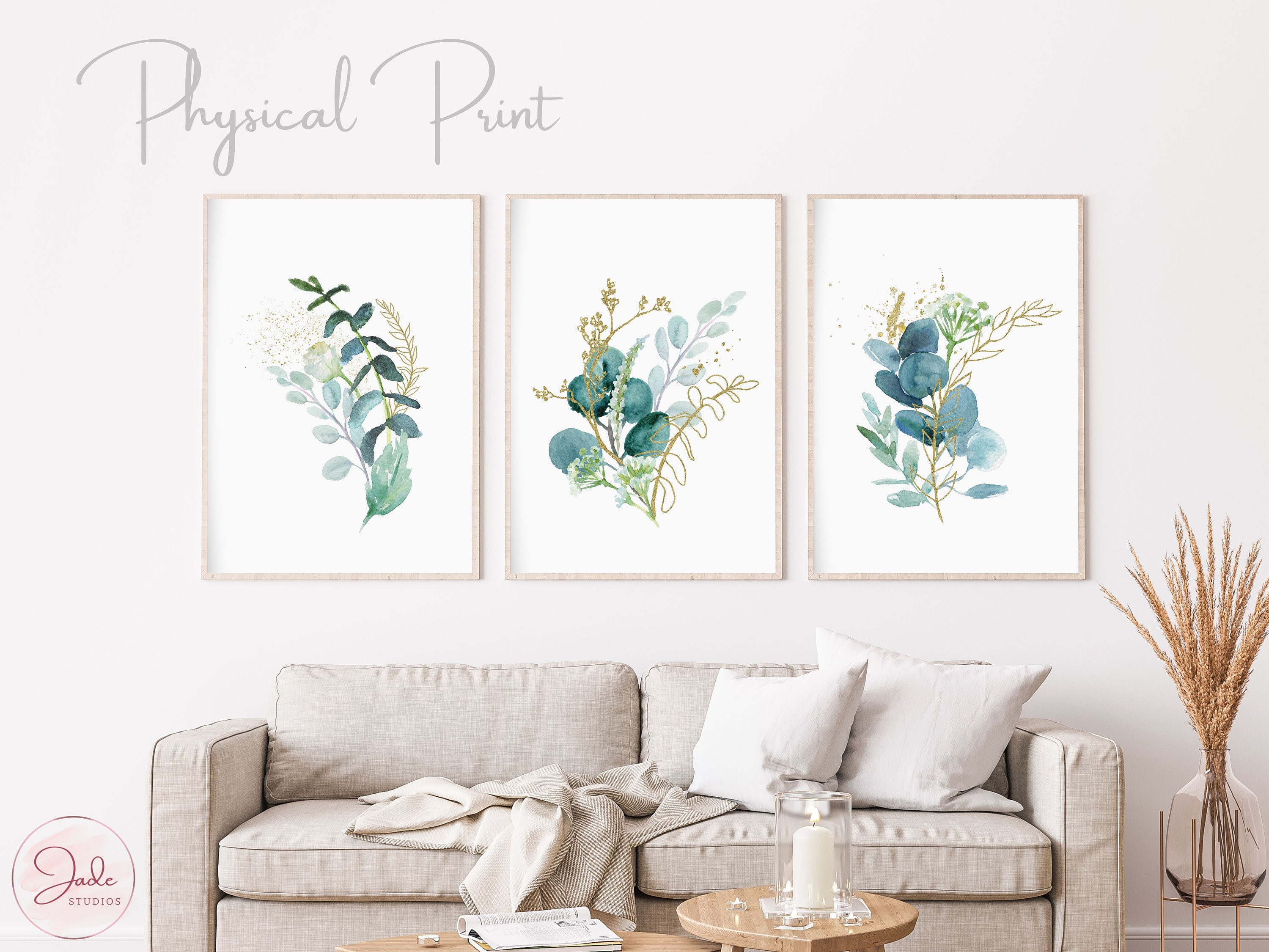 Set of 3 Watercolor Blue and Gold Botanical Prints, Leaf Prints Wall ...