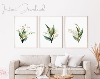 et of 3 Watercolor Green and Gold Botanical Prints, Leaf Prints Wall Art, Greenery, Botanical Prints Leaf, Botanical Print Set