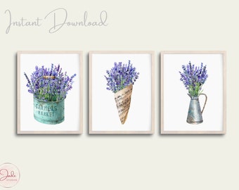 Set of 3 Lavender Prints, Botanical Printable Art, Gallery Wall art, Farmhouse Decor, Kitchen Farmhouse Prints