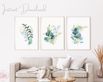 et of 3 Watercolor Blue and Gold Botanical Prints, Leaf Prints Wall Art, Greenery, Botanical Prints Leaf, Botanical Print Set