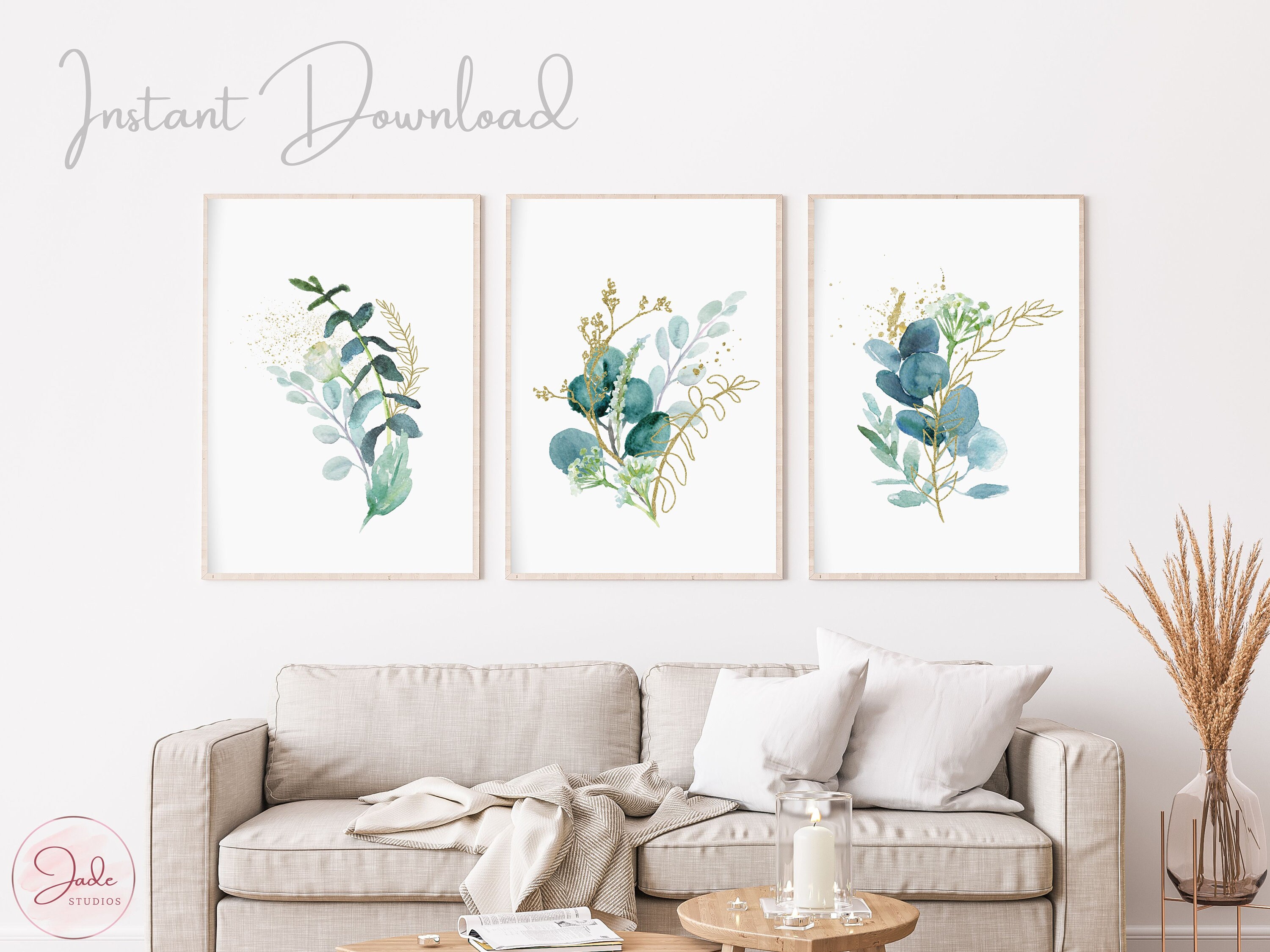 Et of 3 Watercolor Blue and Gold Botanical Prints, Leaf Prints Wall Art ...