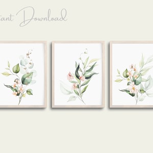 Watercolor Floral Print Set of 3, Botanical Printable Art, Gallery Wall art, Blush Pink Flowers, Modern Home Decor Art