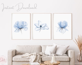 Set of 3 Floral Prints, Blue Translucent Flowers, Botanical Prints, Printable Wall Art, Farmhouse Decor, Modern Home Decor Art