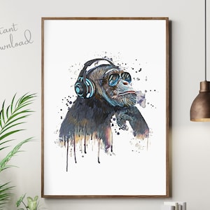Abstract DJ Chimp Print, Watercolour Animal Print, Teenage Wall Art, Music Prints, Teen Boy Decor, Kids Prints, Monkey Wearing Headphones