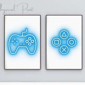 May include: Two framed prints featuring blue neon outlines of a video game controller and the four directional buttons on a controller. The prints are on a white background.