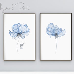 Set of 2 Floral Prints, Blue Translucent Flowers, Botanical Prints, Printable Wall Art, Farmhouse Decor, Modern Home Decor Art