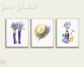 Set of 3 Lavender Prints, Botanical Printable Art, Gallery Wall art, Farmhouse Decor, Kitchen Farmhouse Prints