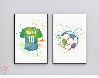 Conjunto de 2 pôsteres personalizados de futebol, pôsteres com nome de adolescente, arte de parede para adolescentes, decoração para adolescentes, decoração esportiva para adolescentes, pôsteres esportivos