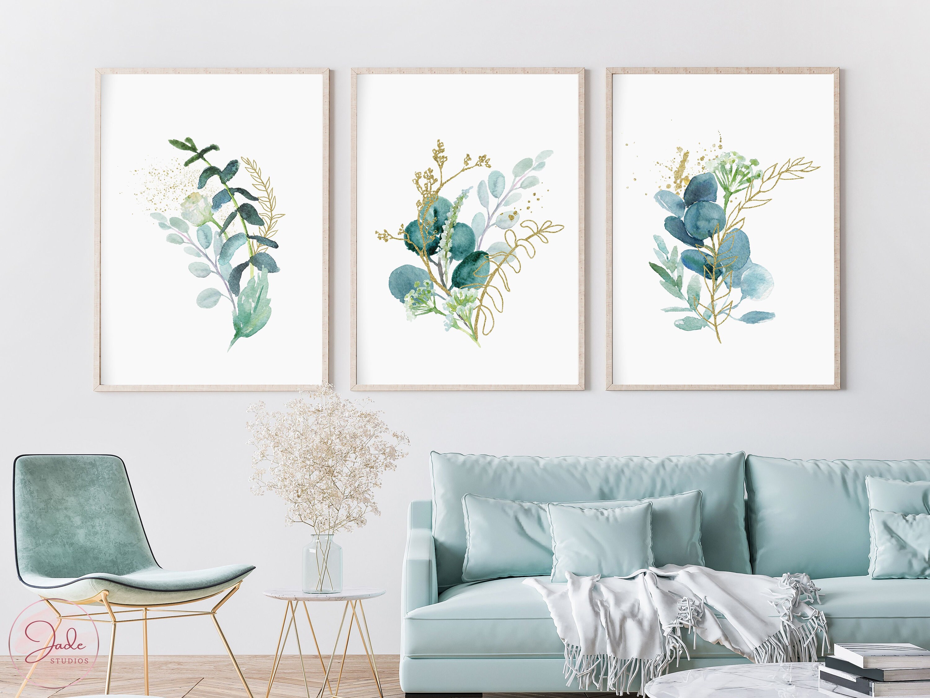 Set of 3 Watercolor Blue and Gold Botanical Prints, Leaf Prints Wall ...