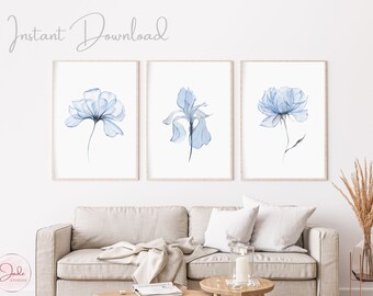 Set of 3 Floral Prints, Blue Translucent Flowers, Botanical Prints, Printable Wall Art, Farmhouse Decor, Modern Home Decor Art