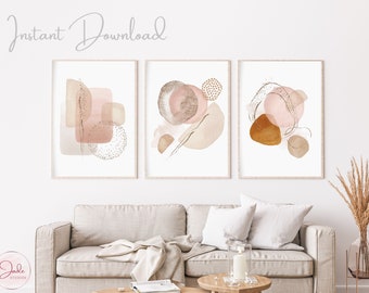 Set van 3 abstracte aquarelprints - beige roze, kunst aan de muur galerij, abstracte muurkunst, modern interieur