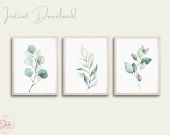 3er Set Botanische Drucke, Grüne Laubblätter Drucke, Aquarell Botanische Drucke, druckbare Wandkunst, minimalistische botanische Wandkunst