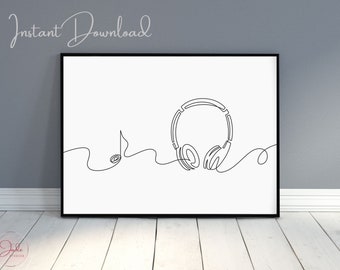 Line Art Headphones Print, Music Prints, Teenage Wall Art, Teen Boy Decor, Kids Prints, Continuous Line Drawing