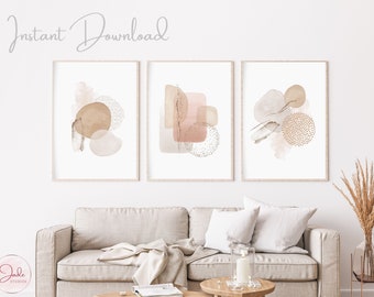 Set van 3 abstracte aquarelprints, neutraal muurdecor, kunst aan de muur galerij, blush roze abstracte prints, moderne interieurkunst