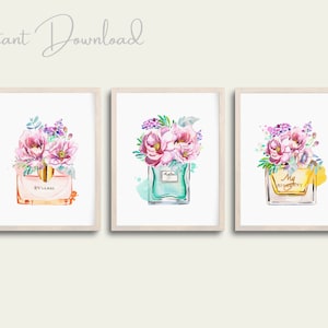 Set of 3 Perfume Bottles, Floral Perfume, Perfume Bottle Wall Art, Fashion Wall Art, Cosmetics Print, Watercolour Perfume Bottle
