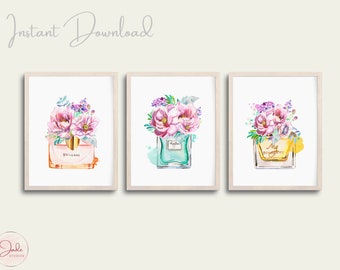 Set of 3 Perfume Bottles, Floral Perfume, Perfume Bottle Wall Art, Fashion Wall Art, Cosmetics Print, Watercolour Perfume Bottle
