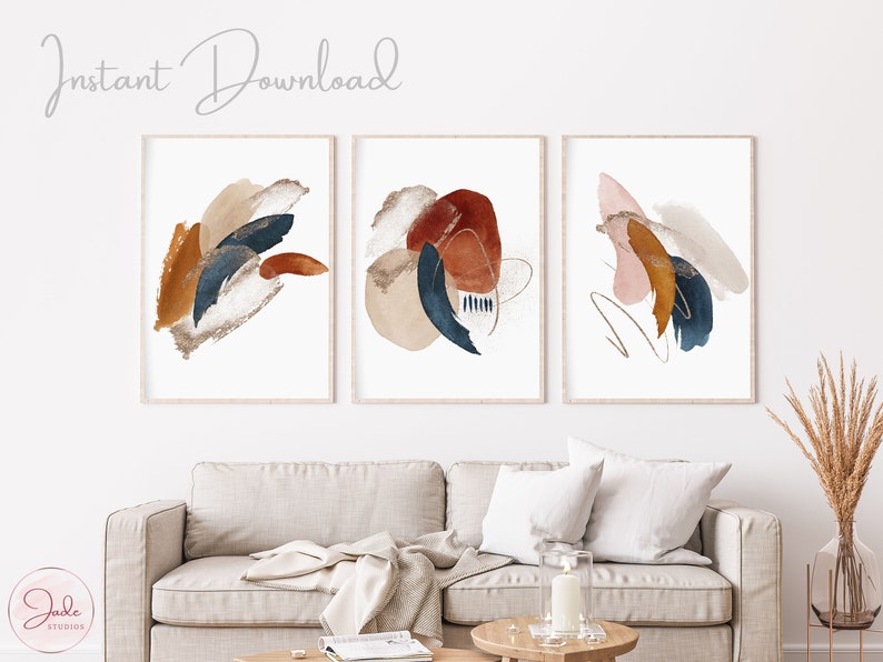 Set of 3 Watercolor Abstract Prints - Navy Terracotta, Gallery Wall Art ...