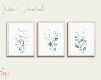 Set of 3 Botanical Print, Greenery Leaves Prints, Watercolour Botanical Prints, Printable Wall Art, Farmhouse Decor, Modern Home Decor Art