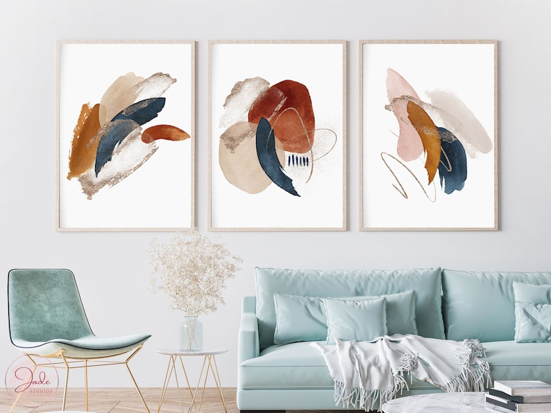 Set of 3 Watercolor Abstract Prints - Navy Terracotta, Gallery Wall Art ...