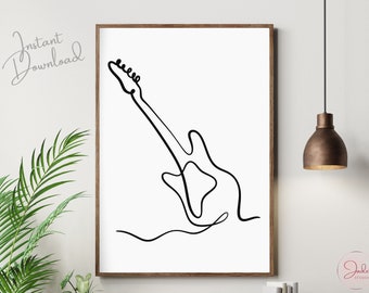 May include: A black and white line drawing of an electric guitar. The guitar is drawn in a single continuous line.